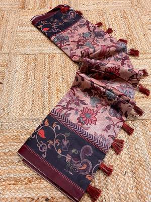 pink color multi digital hand picked kalamkari print cotton blend saree 4