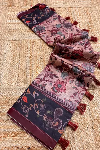 pink color multi digital hand picked kalamkari print cotton blend saree