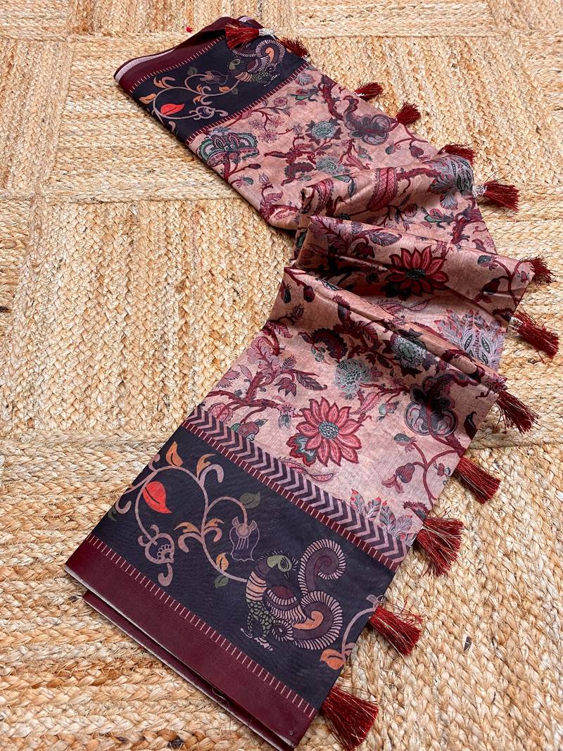 pink color multi digital hand picked kalamkari print cotton blend saree