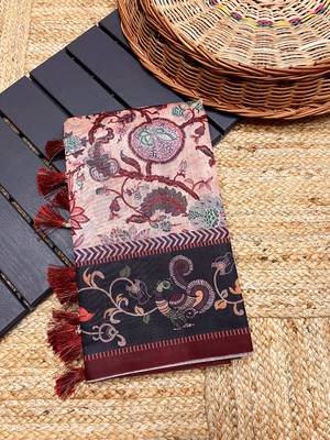 pink color multi digital hand picked kalamkari print cotton blend saree 5