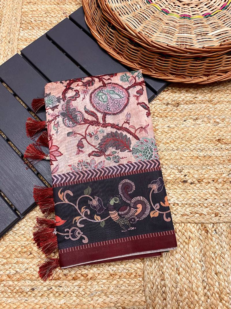 pink color multi digital hand picked kalamkari print cotton blend saree