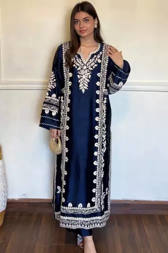 Navy rayon readymade suit with sequence & embroidery work