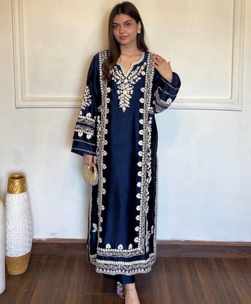 Navy rayon readymade suit with sequence & embroidery work
