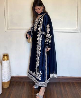 Navy rayon readymade suit with sequence & embroidery work 2