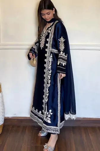 Navy rayon readymade suit with sequence & embroidery work