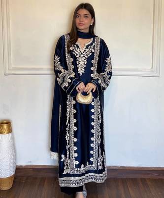 Navy rayon readymade suit with sequence & embroidery work 3