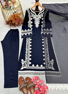 Navy rayon readymade suit with sequence & embroidery work 4