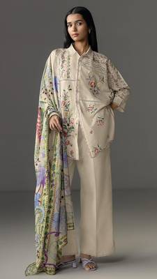 Cream cotton readymade suit with thread embroidery work 1