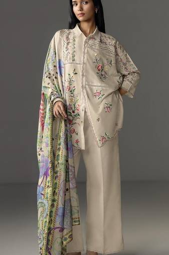 Cream cotton readymade suit with thread embroidery work