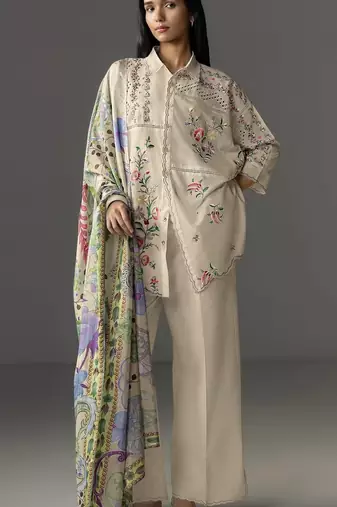 Cream cotton readymade suit with thread embroidery work
