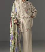 Cream cotton readymade suit with thread embroidery work
