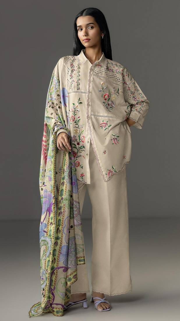 Cream cotton readymade suit with thread embroidery work