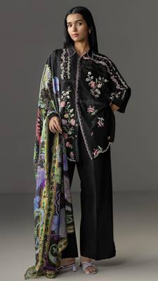 Black cotton readymade suit with thread embroidery work 1