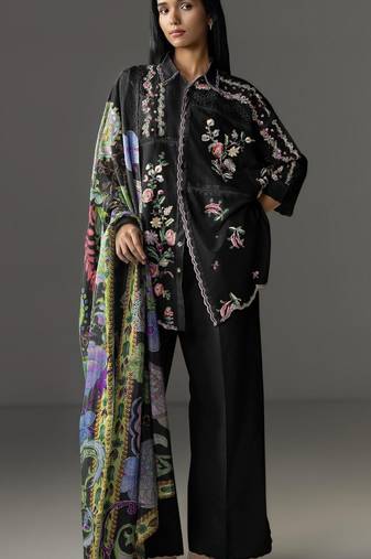 Black cotton readymade suit with thread embroidery work
