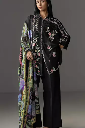 Black cotton readymade suit with thread embroidery work