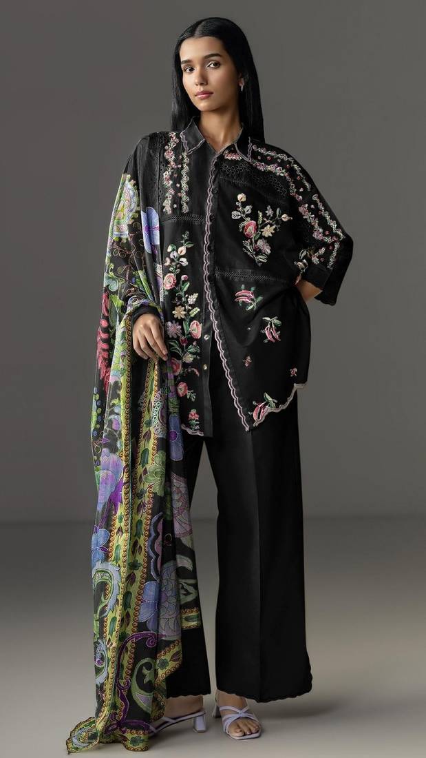 Black cotton readymade suit with thread embroidery work