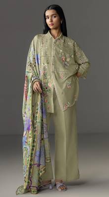 Mustard cotton readymade suit with thread embroidery work 1