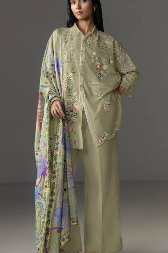 Mustard cotton readymade suit with thread embroidery work