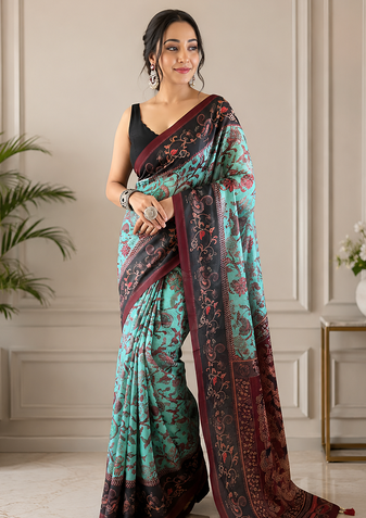 sky blue color multi digital hand picked kalamkari print cotton blend saree