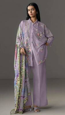 Lavender cotton readymade suit with thread embroidery work 1