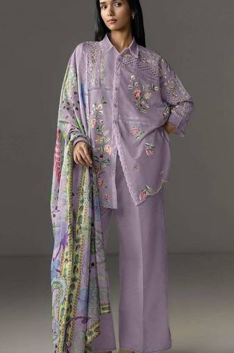 Lavender cotton readymade suit with thread embroidery work