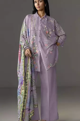 Lavender cotton readymade suit with thread embroidery work