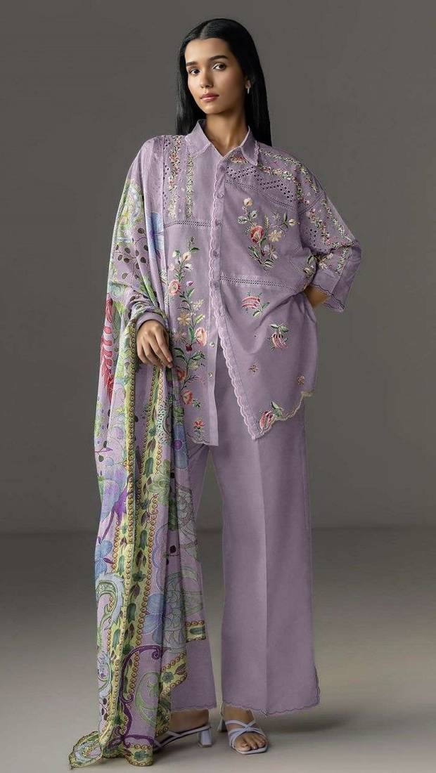 Lavender cotton readymade suit with thread embroidery work