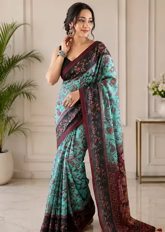 sky blue color multi digital hand picked kalamkari print cotton blend saree