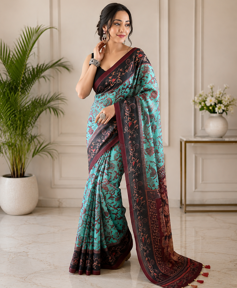 sky blue color multi digital hand picked kalamkari print cotton blend saree