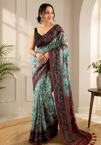 sky blue color multi digital hand picked kalamkari print cotton blend saree