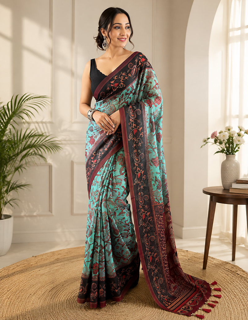 sky blue color multi digital hand picked kalamkari print cotton blend saree