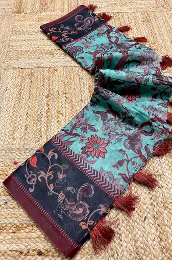 sky blue color multi digital hand picked kalamkari print cotton blend saree
