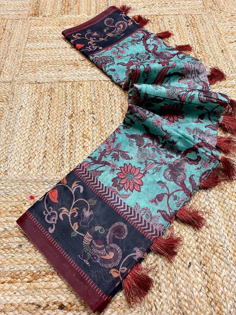 sky blue color multi digital hand picked kalamkari print cotton blend saree