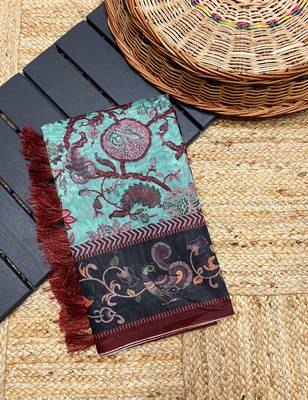 sky blue color multi digital hand picked kalamkari print cotton blend saree 5