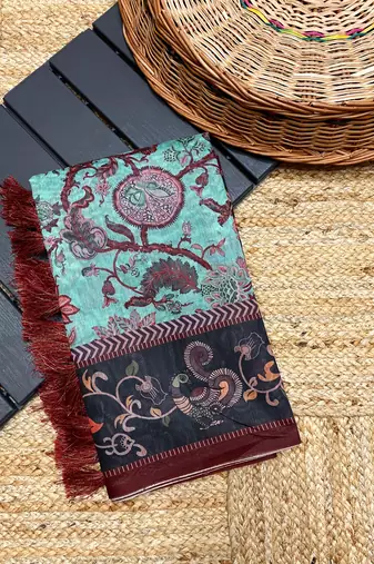 sky blue color multi digital hand picked kalamkari print cotton blend saree