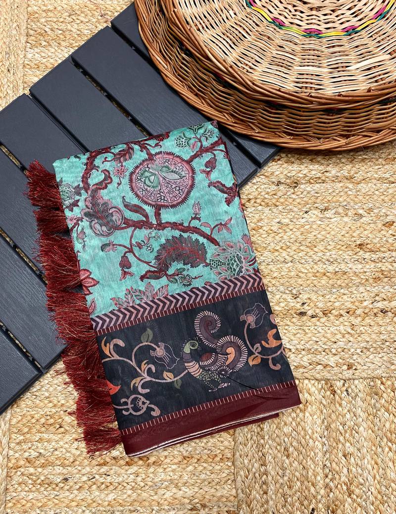 sky blue color multi digital hand picked kalamkari print cotton blend saree