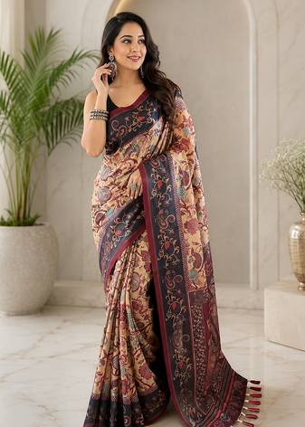yellow color multi digital hand picked kalamkari print cotton blend saree