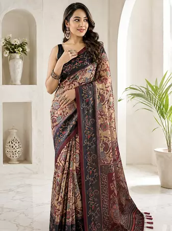 yellow color multi digital hand picked kalamkari print cotton blend saree