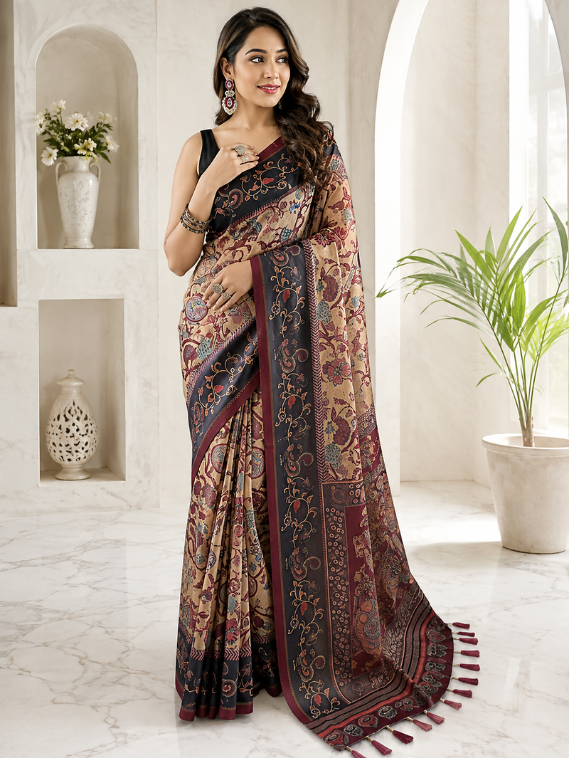 yellow color multi digital hand picked kalamkari print cotton blend saree