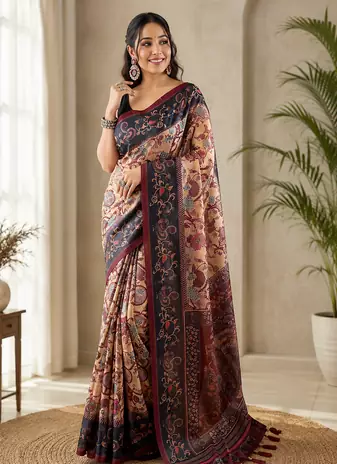 yellow color multi digital hand picked kalamkari print cotton blend saree