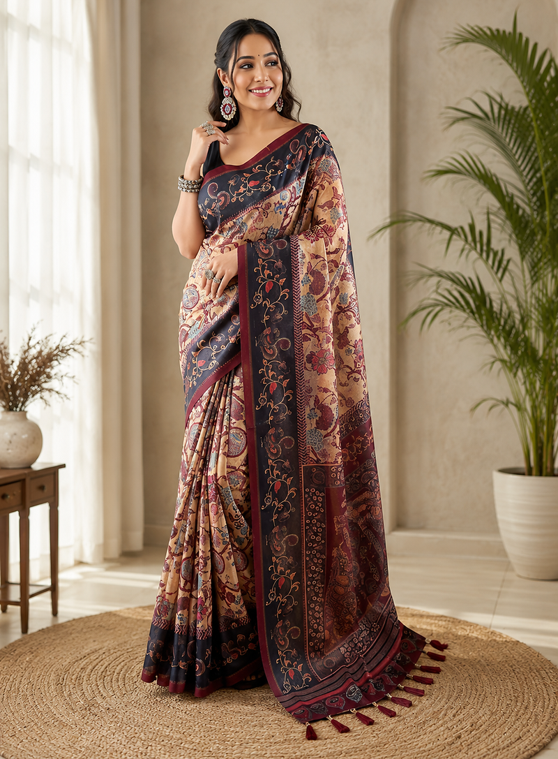 yellow color multi digital hand picked kalamkari print cotton blend saree