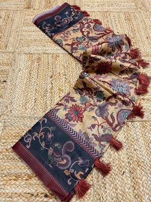 yellow color multi digital hand picked kalamkari print cotton blend saree 4