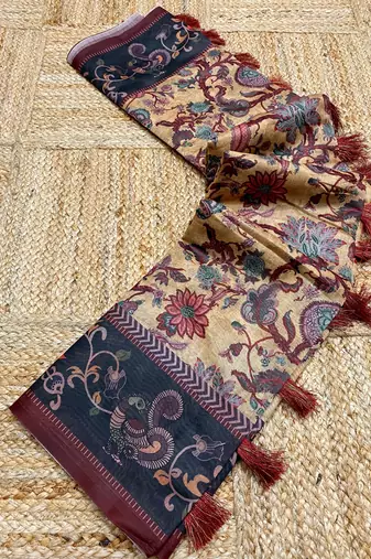 yellow color multi digital hand picked kalamkari print cotton blend saree
