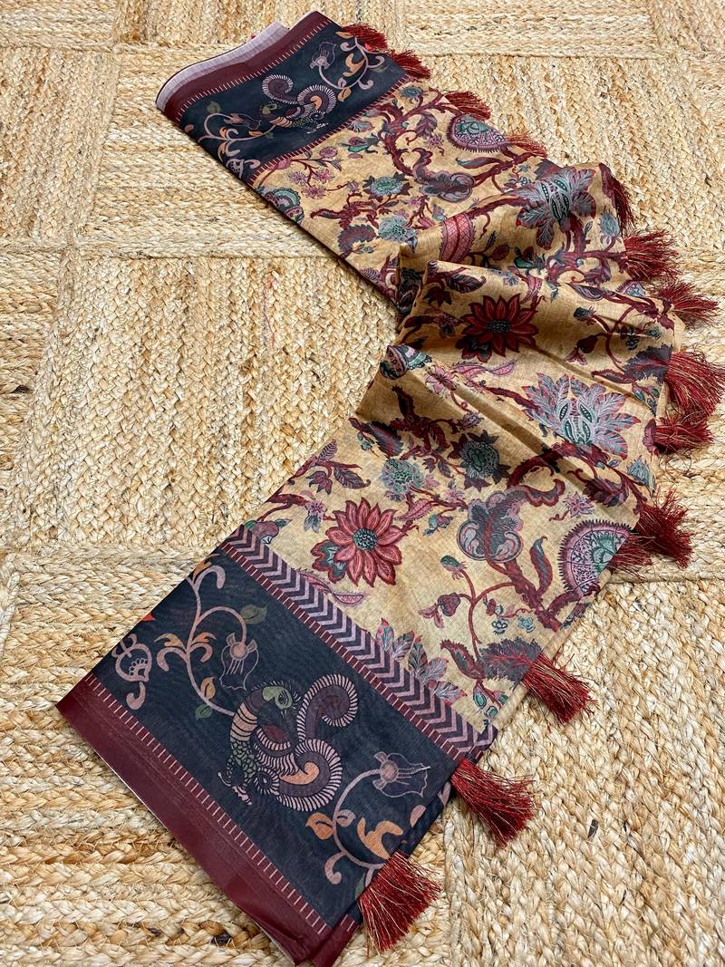 yellow color multi digital hand picked kalamkari print cotton blend saree