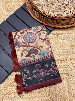 yellow color multi digital hand picked kalamkari print cotton blend saree 5