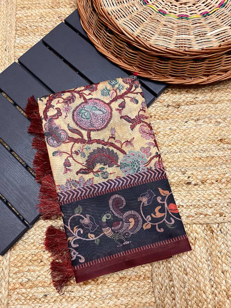 yellow color multi digital hand picked kalamkari print cotton blend saree