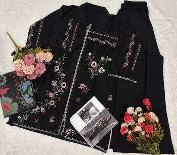 Black cotton readymade suit with thread embroidery work 3