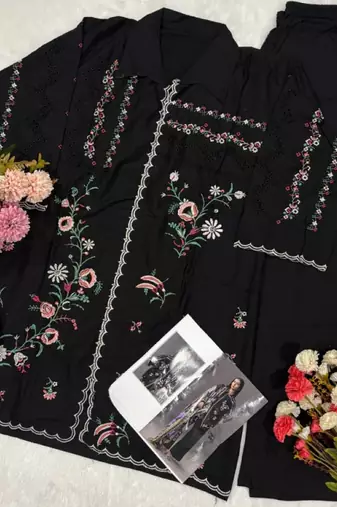 Black cotton readymade suit with thread embroidery work