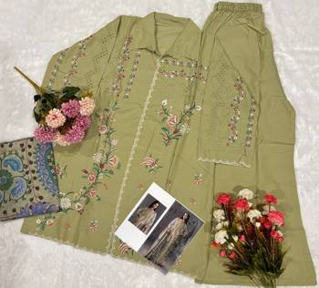 Mustard cotton readymade suit with thread embroidery work 2