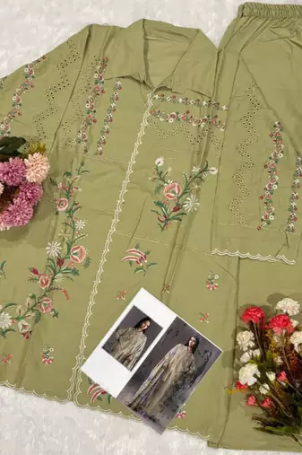 Mustard cotton readymade suit with thread embroidery work